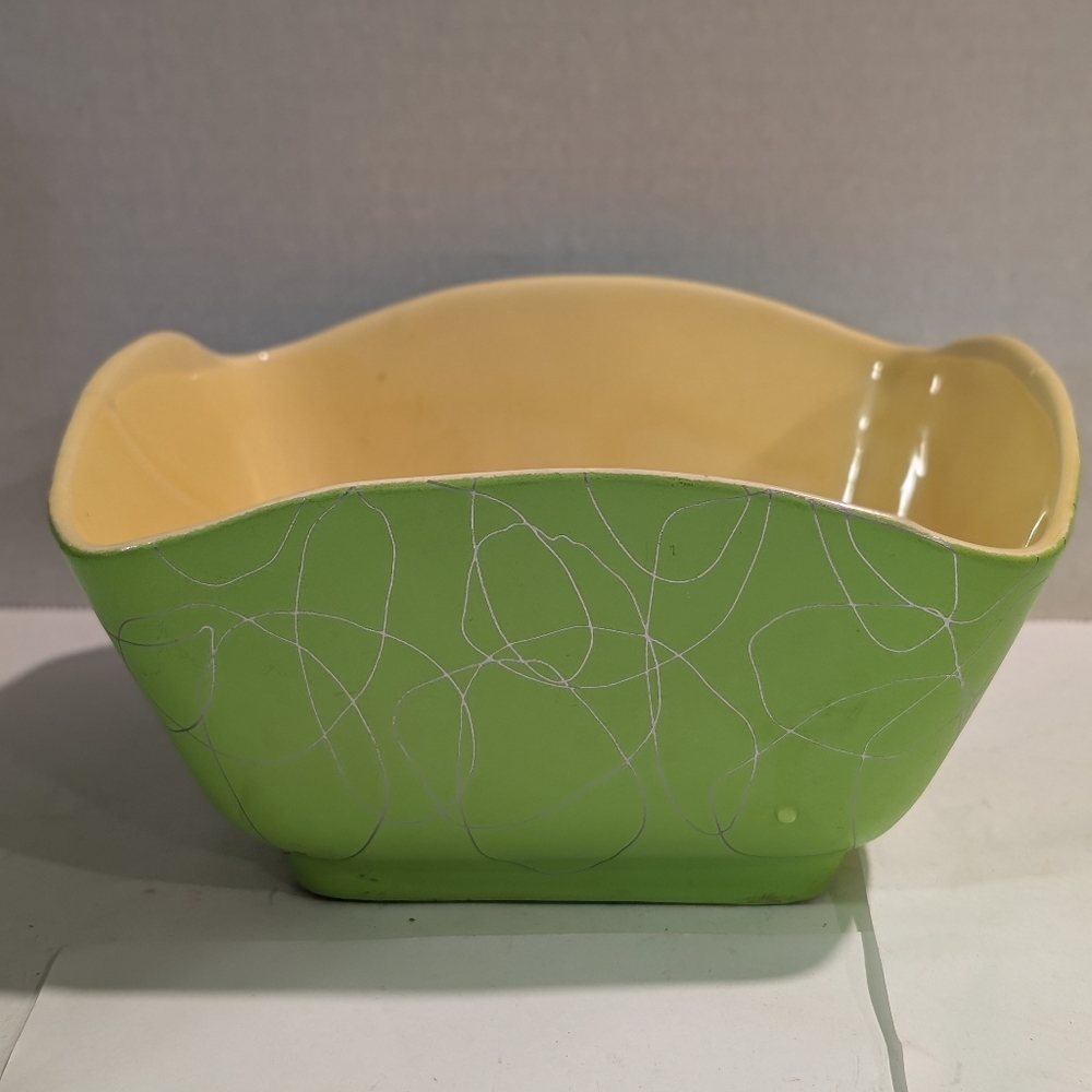 Vintage Lime Green Planter Bowl Gold Accent Swirl Shawnee USA 1018 Ceramic